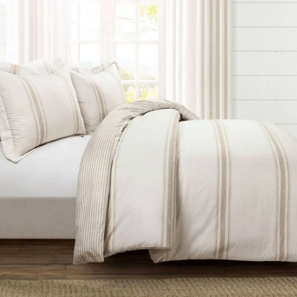 Lush Decor - 3pc King Farmhouse Stripe Reversible Duvet Set Tan Trend - Picture 3 of 14
